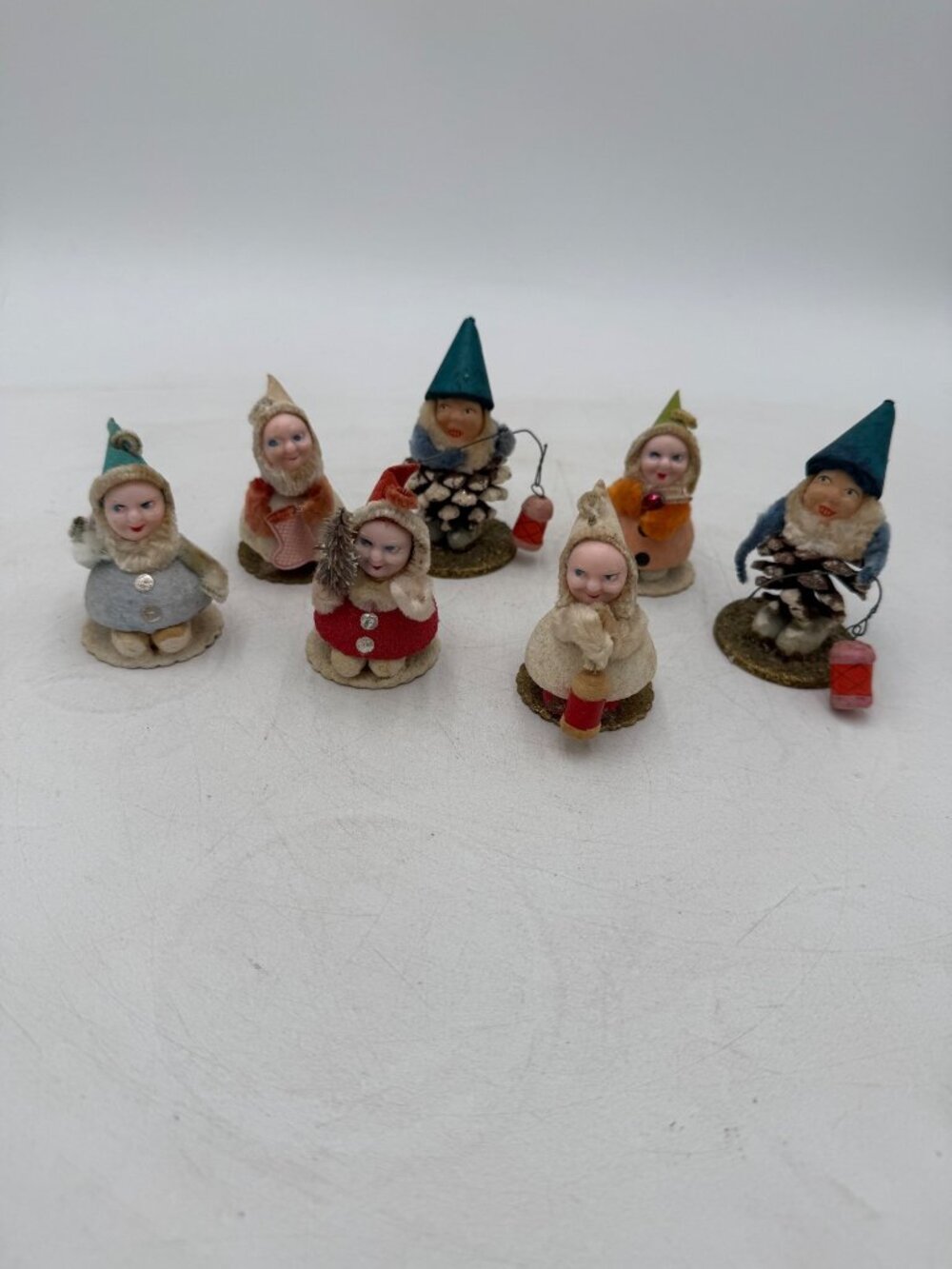 Vintage Putz Pinecone Pixie Christmas Gnome Figurines Set Of 7 Japan Felt Holida